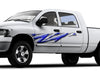 white pickup with chrome blue razor grid vinyl graphics on driver side
