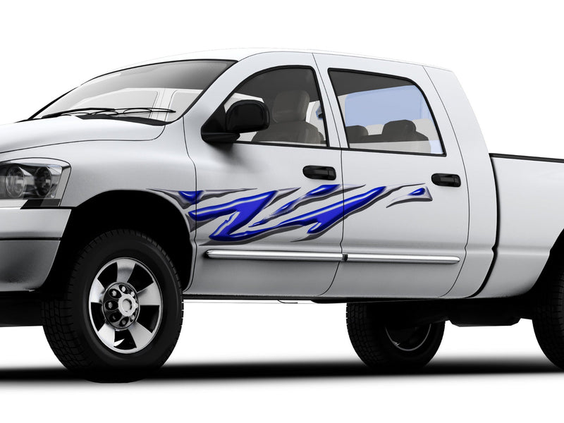 white pickup with chrome blue razor grid vinyl graphics on driver side