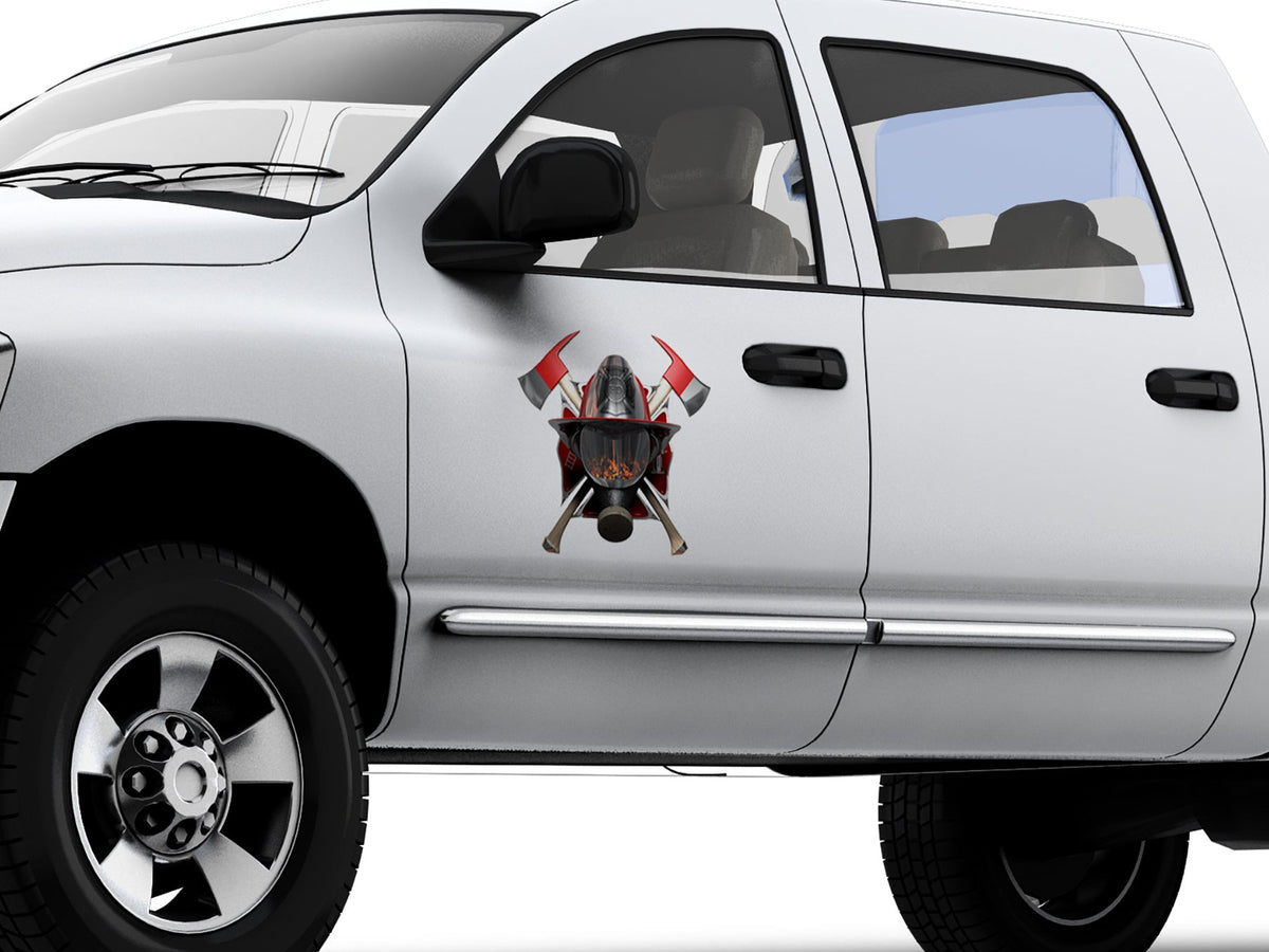 white pickup with firefighter decal on front door driver side