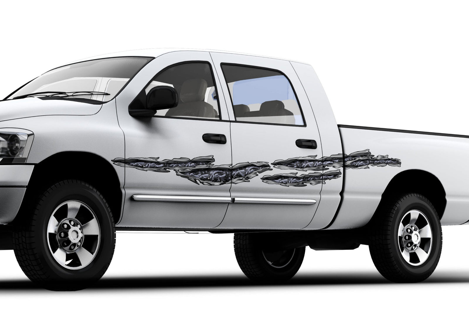 white pickup with gray dragon chrome tears vinyl graphics on driver side