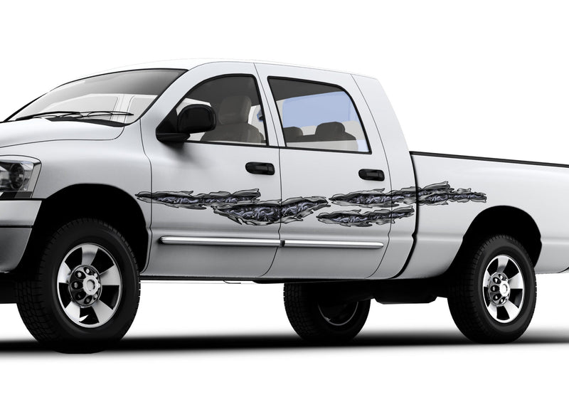 white pickup with gray dragon chrome tears vinyl graphics on driver side