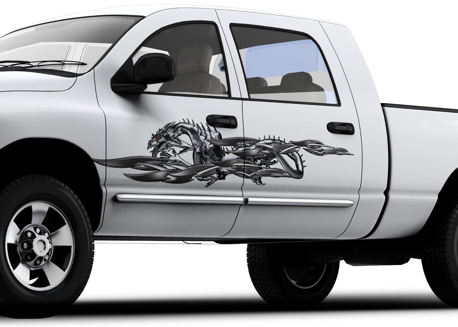 white pickup with gray steel tribal dragon vinyl graphics on driver side