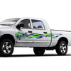 White pickup truck with green and blue ghost flames graphics on its side