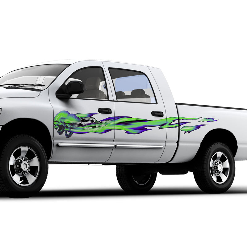 White pickup truck with green and blue ghost flames graphics on its side