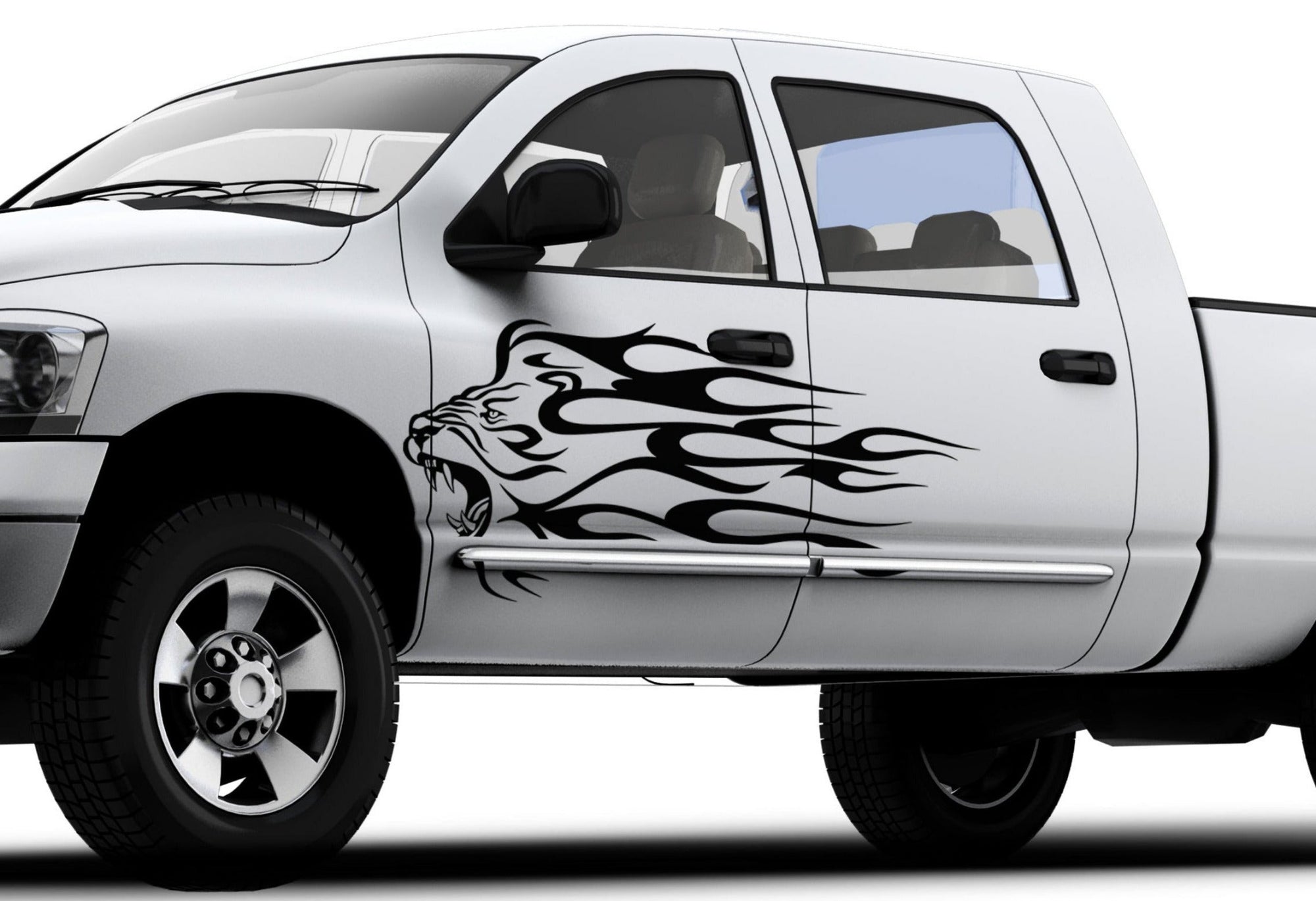 white pickup with lion head flames vinyl cut decal on driver side
