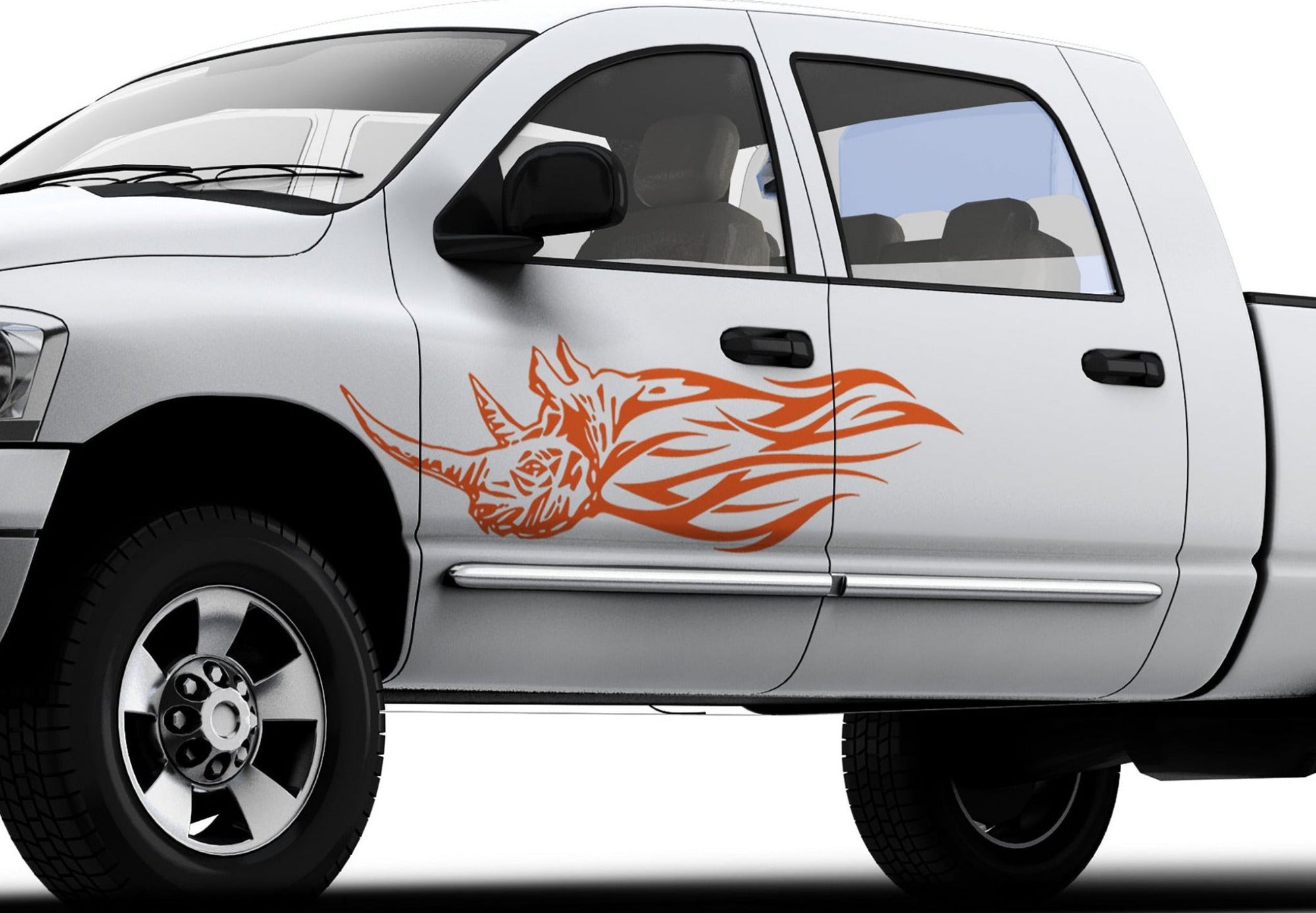 white semi truck with black rhino flames vinyl cut decals on cab driver side