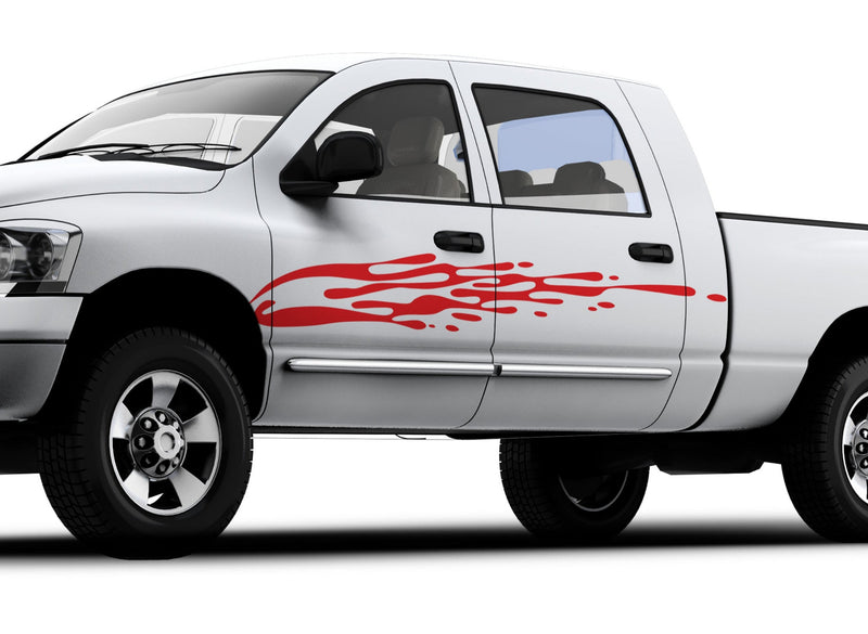 white pickup with red mud splash vinyl cut graphics on driver side