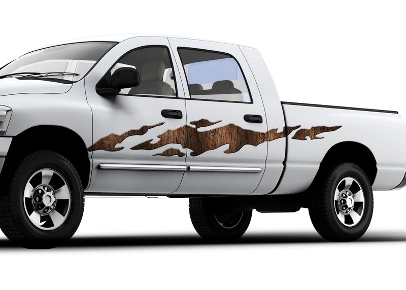 white pickup with ripper wood vinyl graphics on driver side