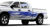 white pickup with blue scratch style 3 vinyl decal on driver side