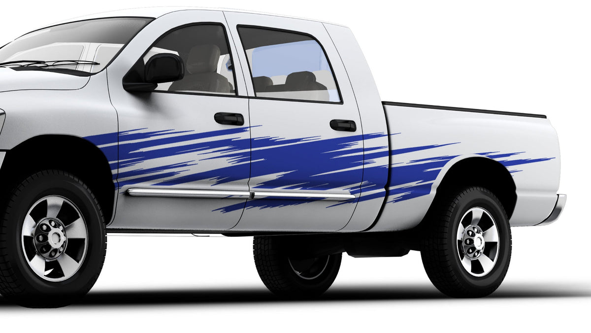 white pickup with blue scratch style 3 vinyl decal on driver side