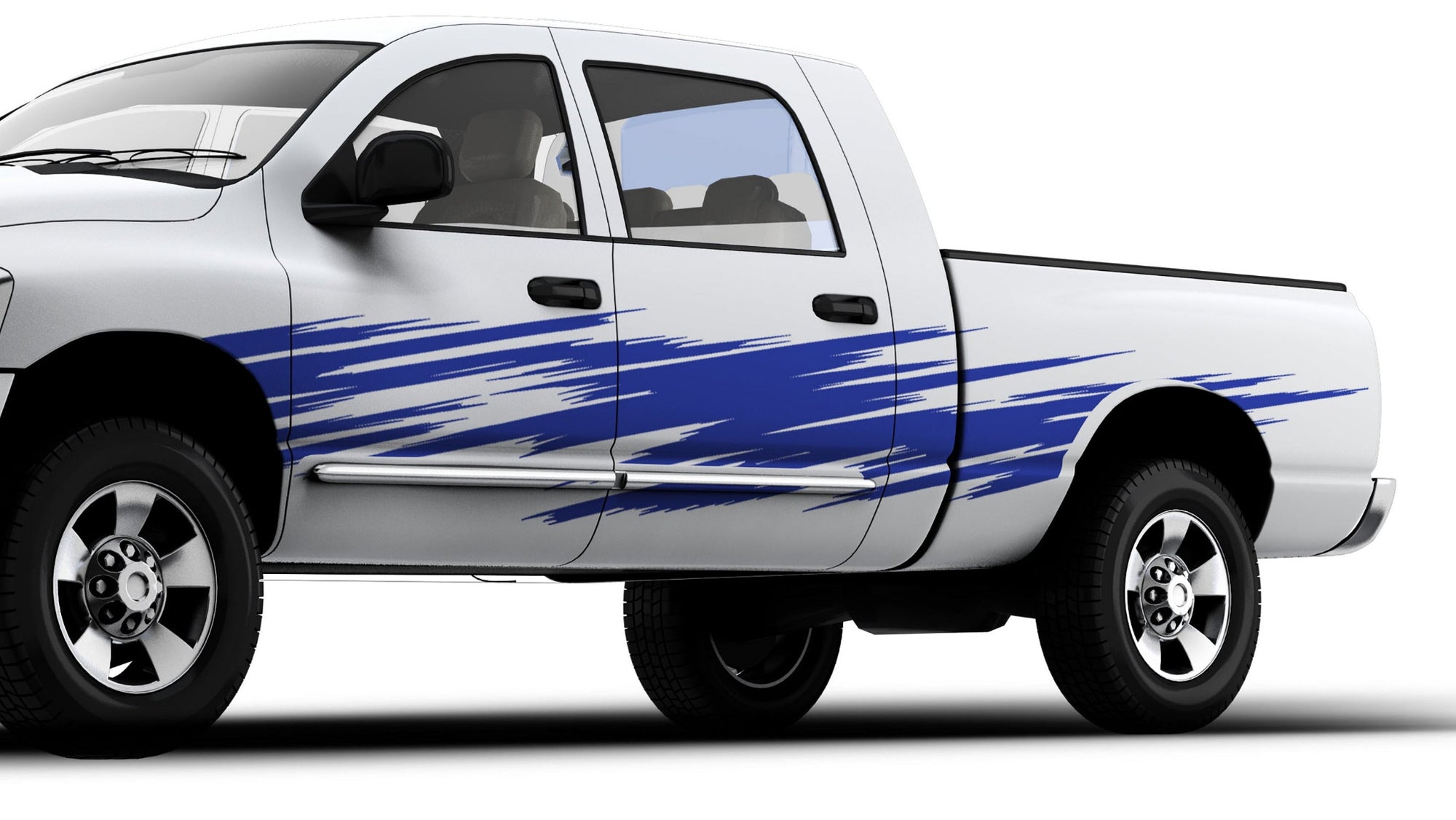 white pickup with blue scratch style 3 vinyl decal on driver side