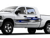 white pickup with tribal carbon fiber vinyl graphics on driver side