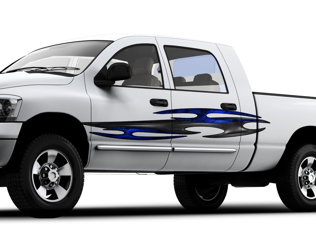 white pickup with tribal carbon fiber vinyl graphics on driver side