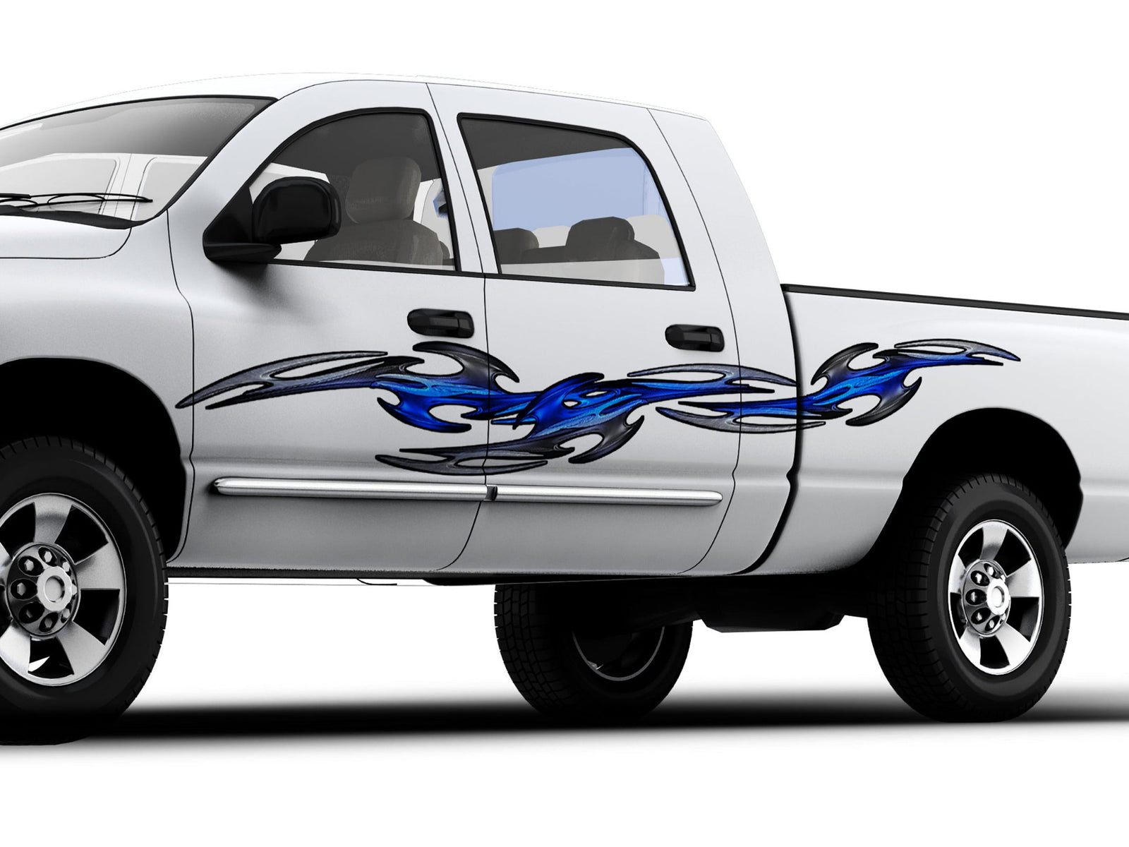 white pickup with tribal links vinyl graphics on driver side