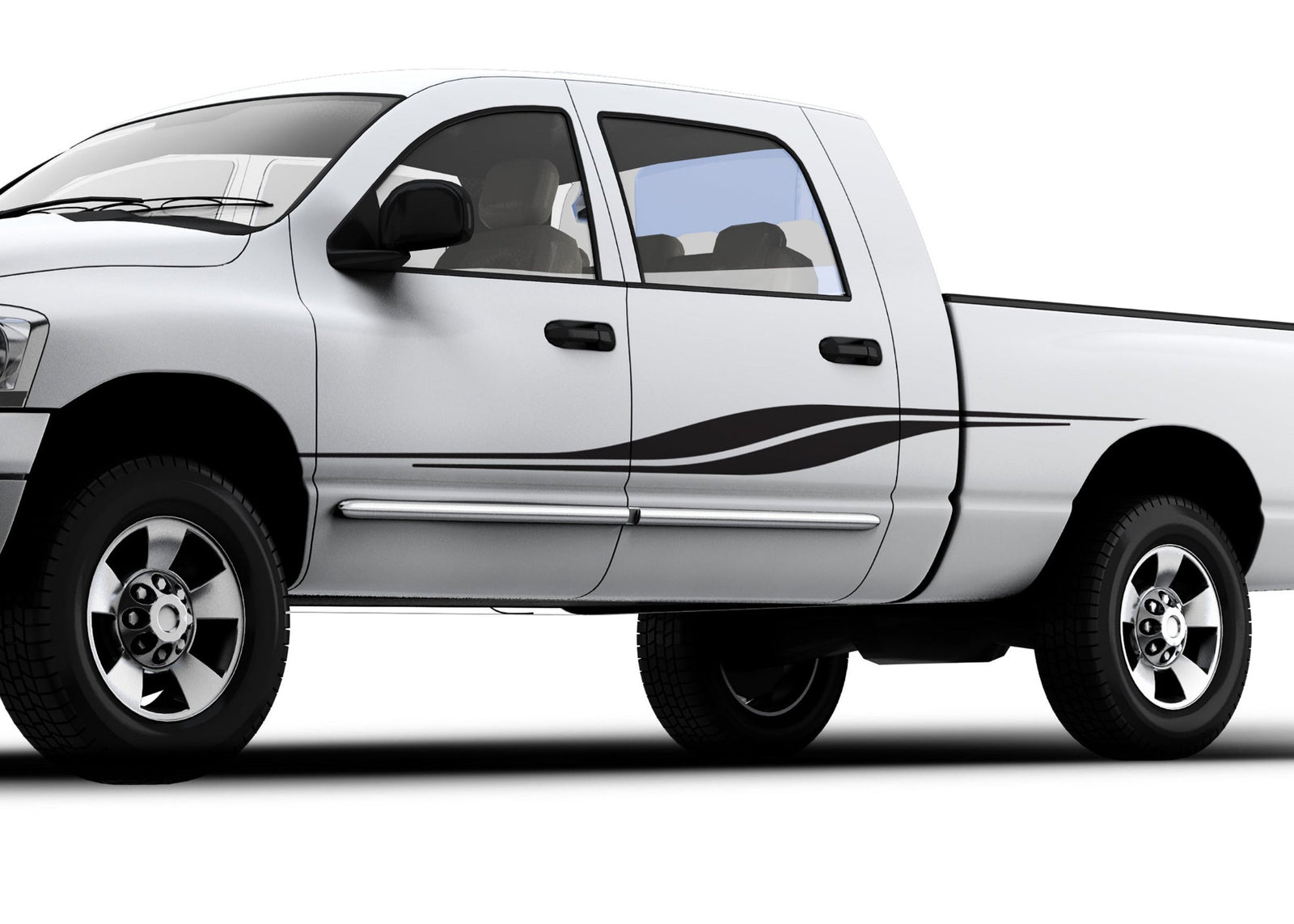 white pickup with vinyl cut black stripe from wheel to wheel on driver side