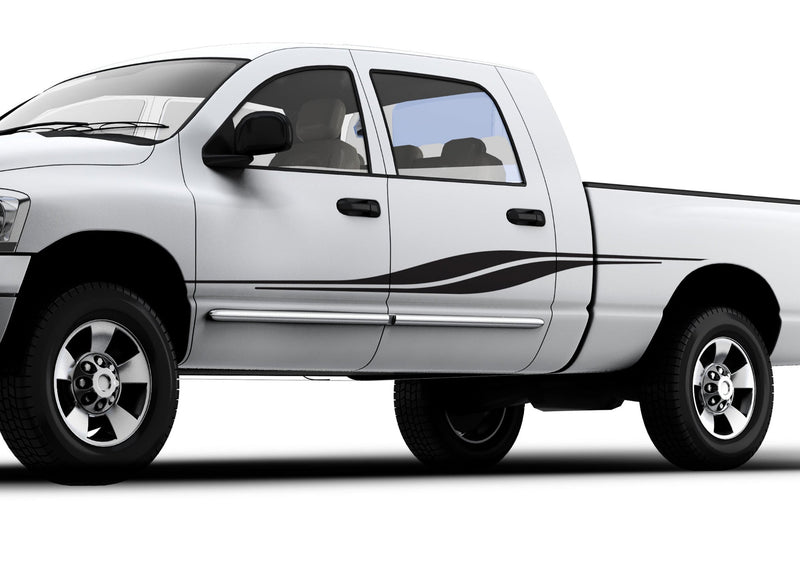 white pickup with vinyl cut black stripe from wheel to wheel on driver side