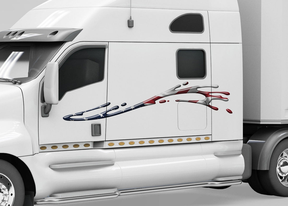 white semi trailer with American flag mud splash decal on driver side