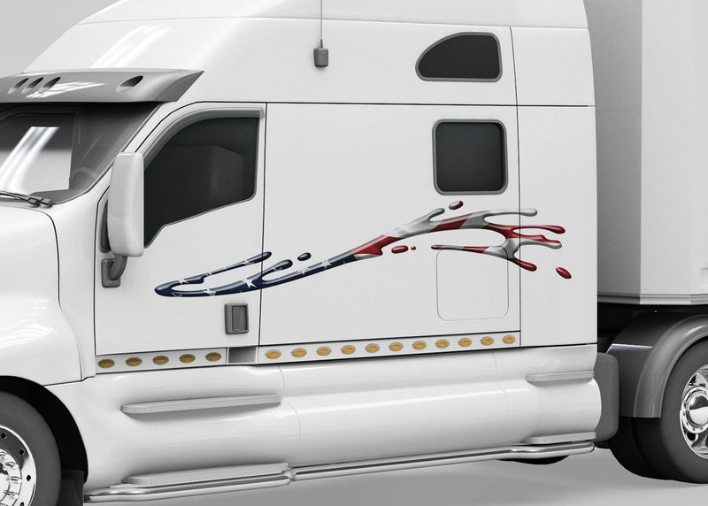 white semi trailer with American flag mud splash decal on driver side