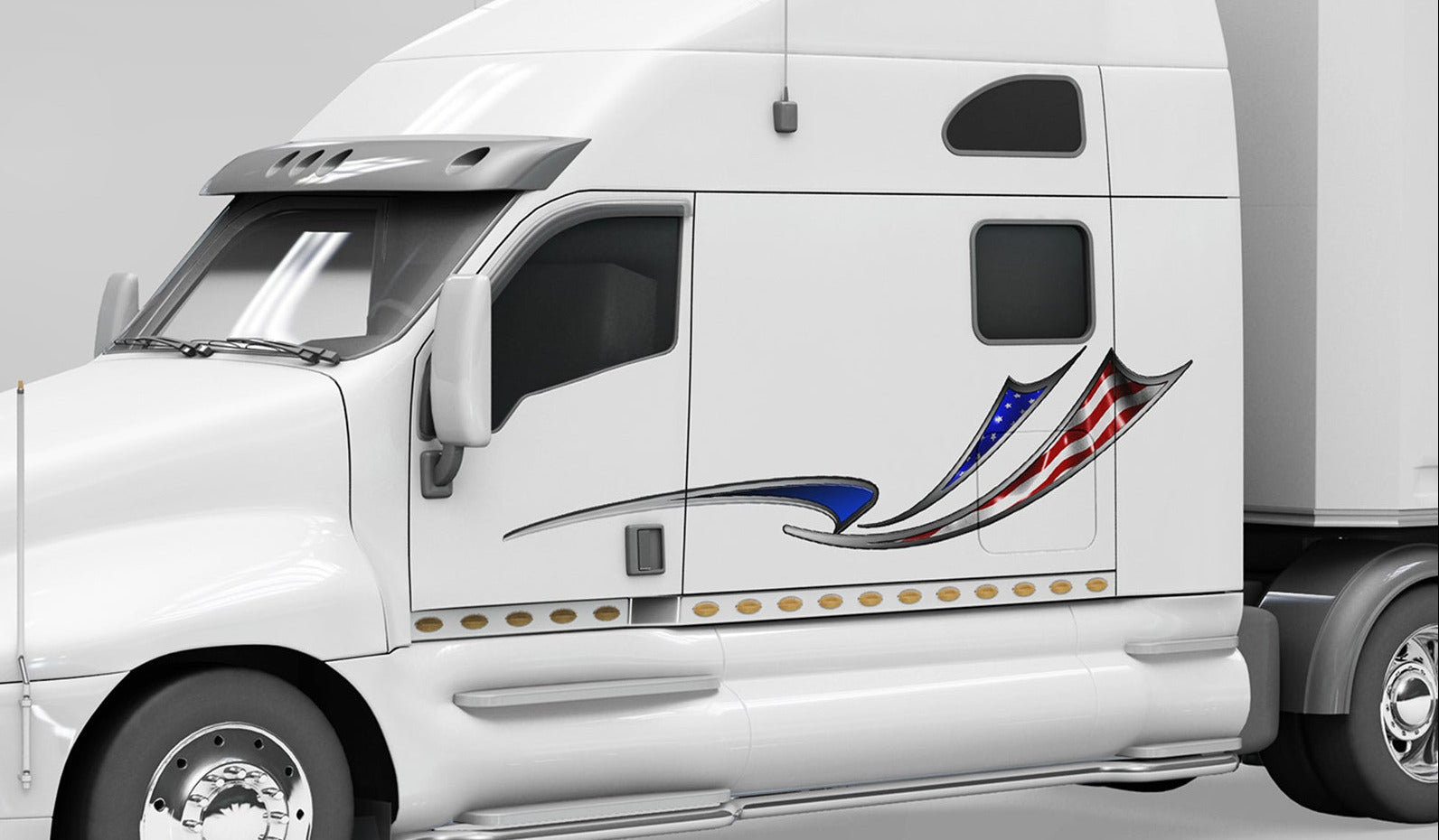 white semi trailer with American flag wave stripe decal on driver side