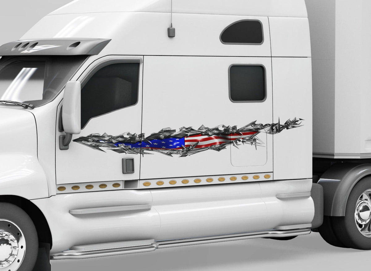 white semi trailer with american flag ripper tear vinyl graphics on driver side