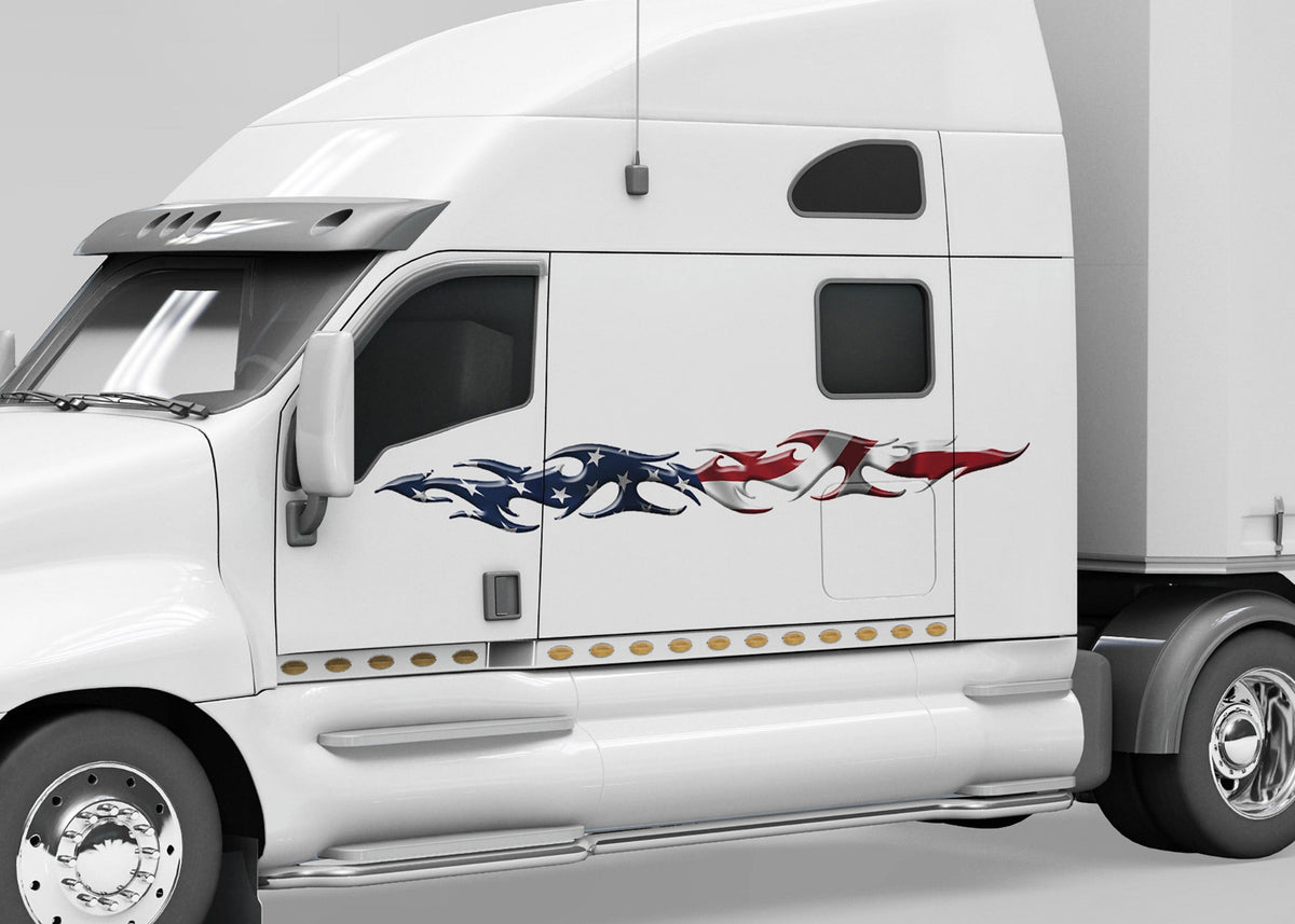 white semi trailer with American flag tribal flames vinyl decals on driver cab side