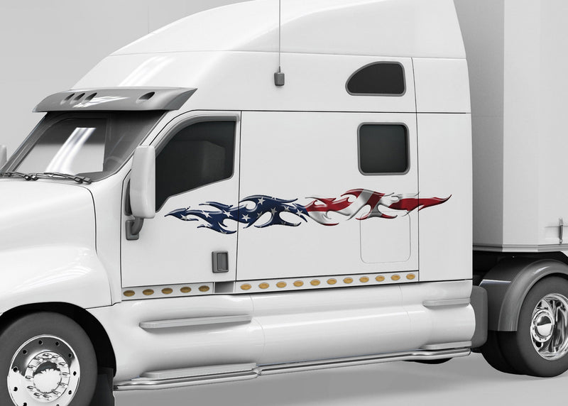 white semi trailer with American flag tribal flames vinyl decals on driver cab side