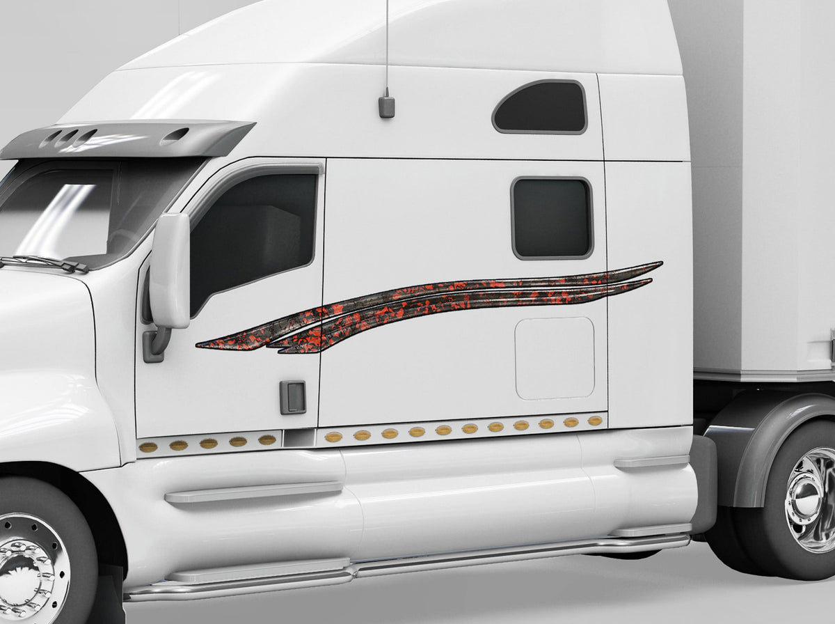 white semi trailer with aries tribal stripes on driver side