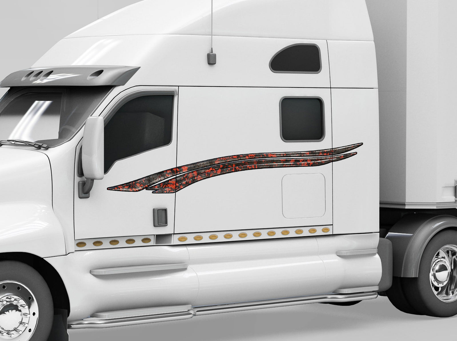 white semi trailer with aries tribal stripes on driver side