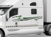 white semi trailer with green cataclysm vinyl graphics on cab driver side