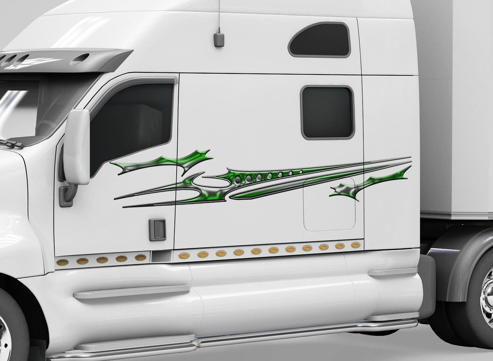 white semi trailer with green cataclysm vinyl graphics on cab driver side