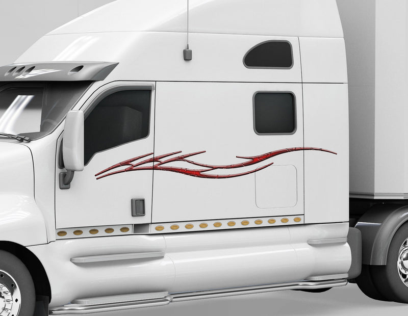 white semi trailer with red barbwire stripe decal on driver cab side