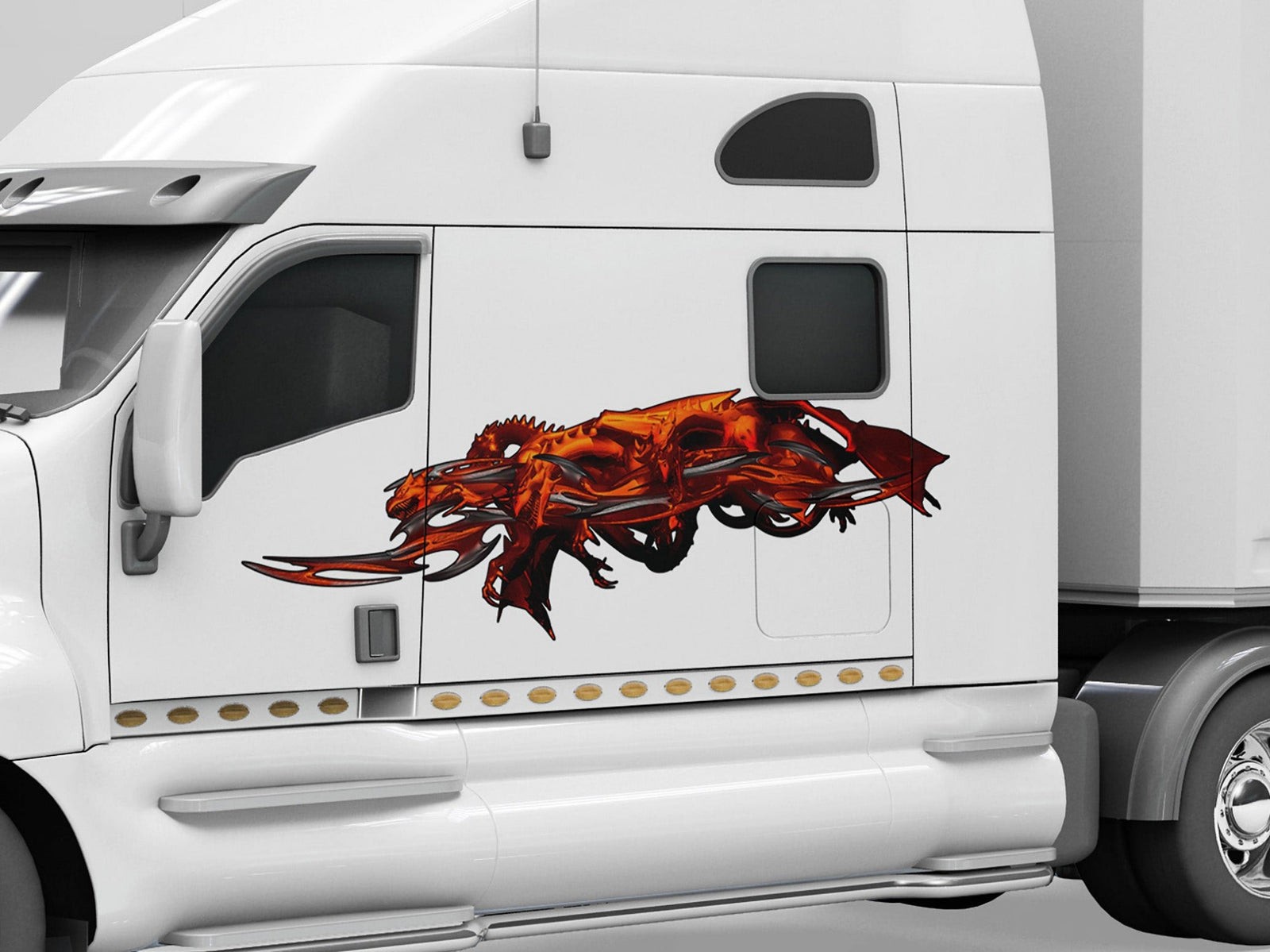 orange coupe sports car with tribal dragons on its driver side