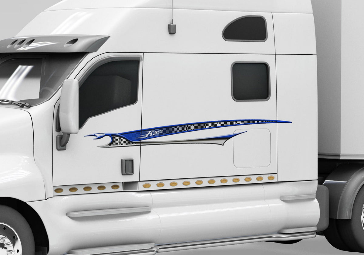 white semi trailer with shark racing stripe decal on cab driver side