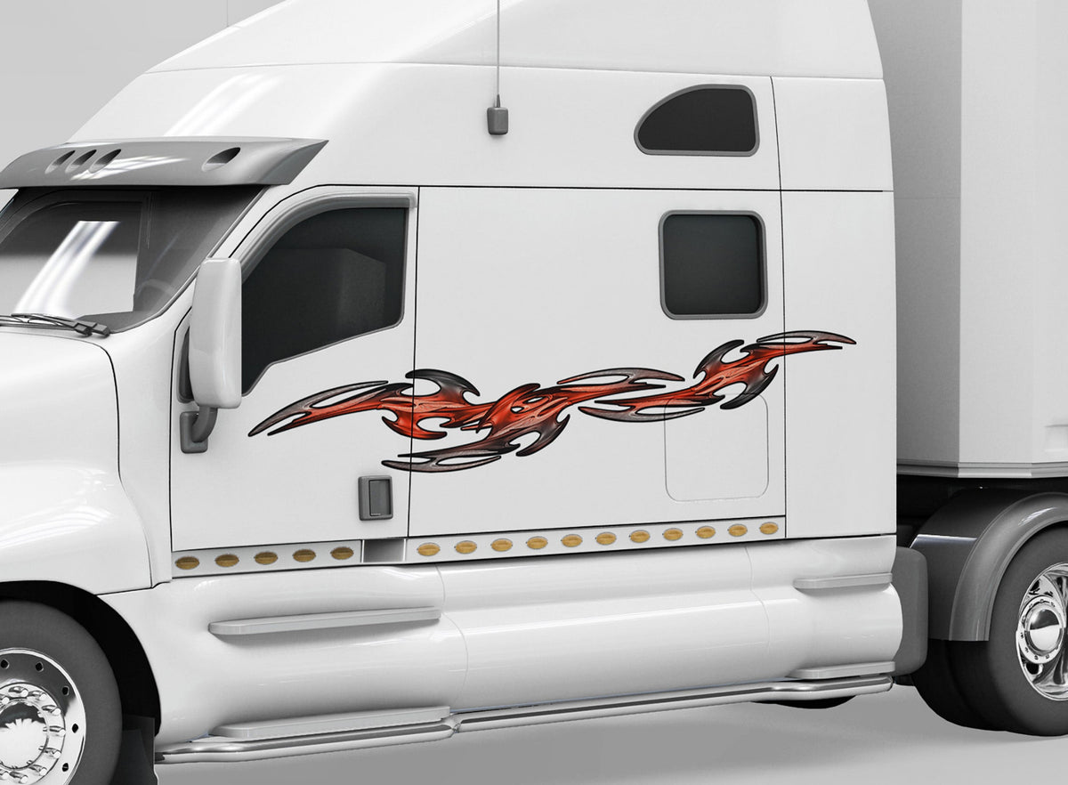 white semi trailer with tribal links decal on driver side