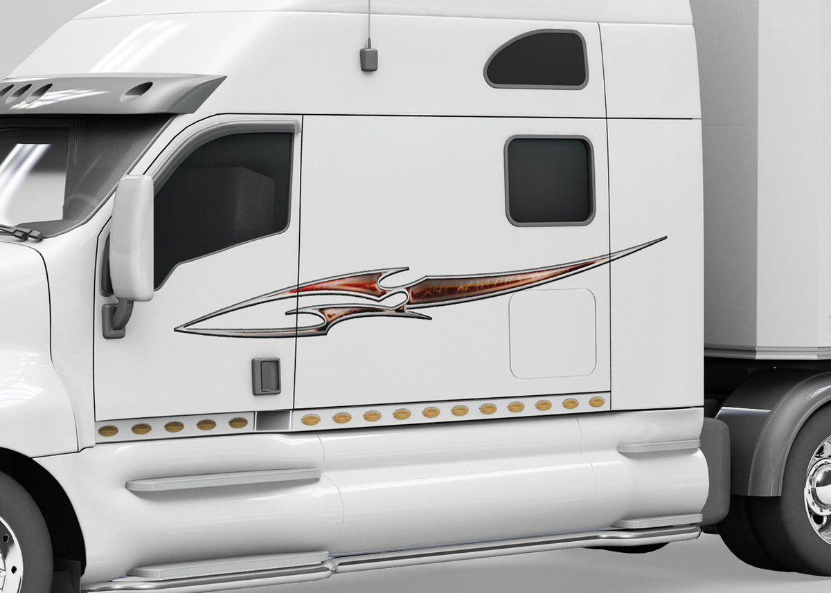 white semi truck trailer with blade neon storm vinyl decal on driver cab side