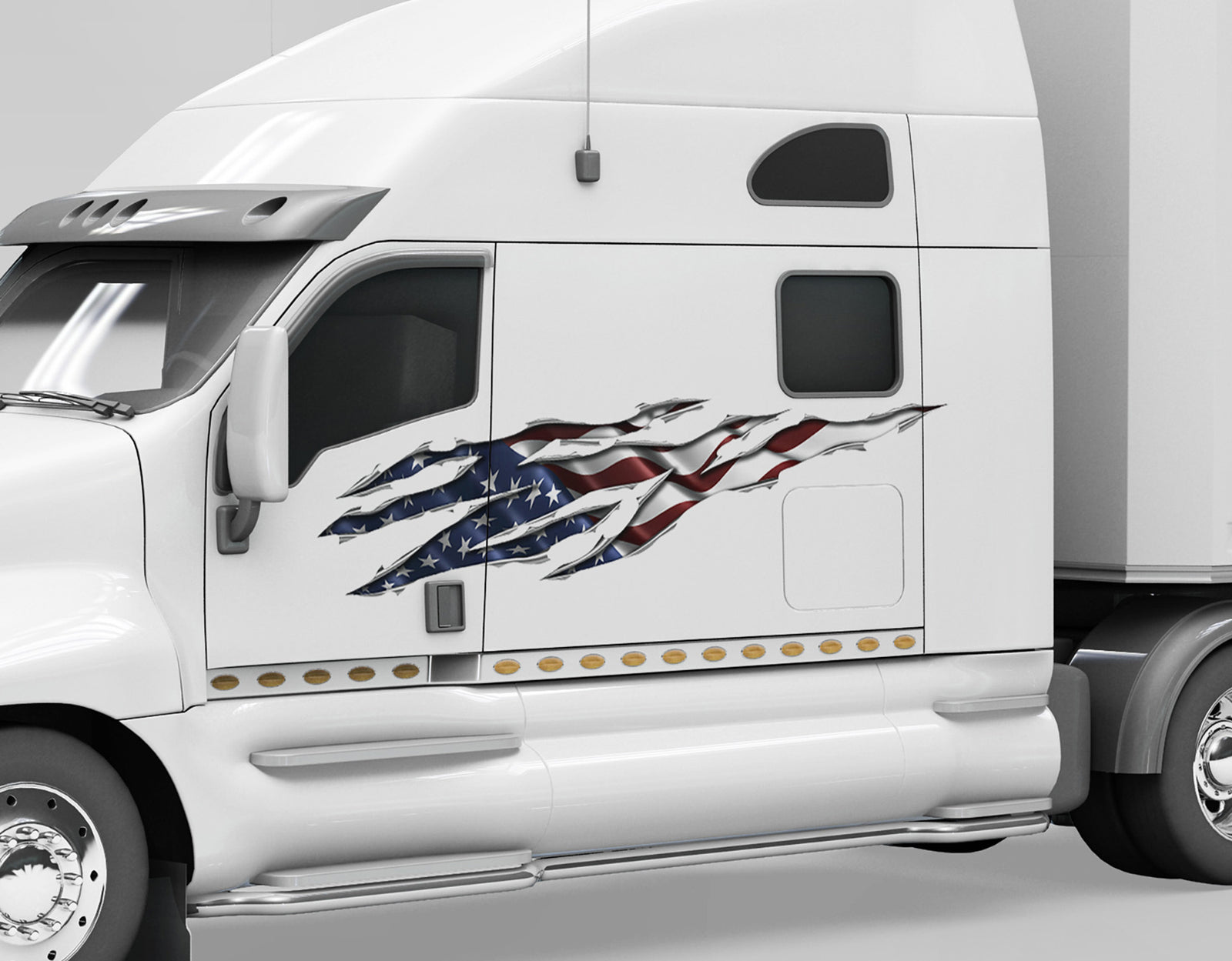 white semi truck with American flag big rip large decal on it driver side