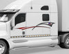 white semi truck with american flag graphic stripe on driver cab side