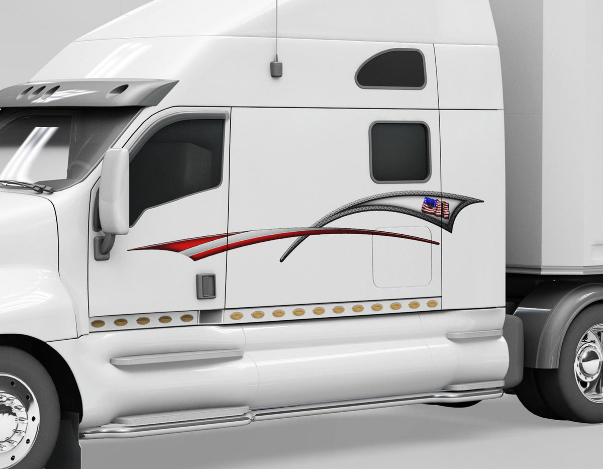 white semi truck with american flag graphic stripe on driver cab side
