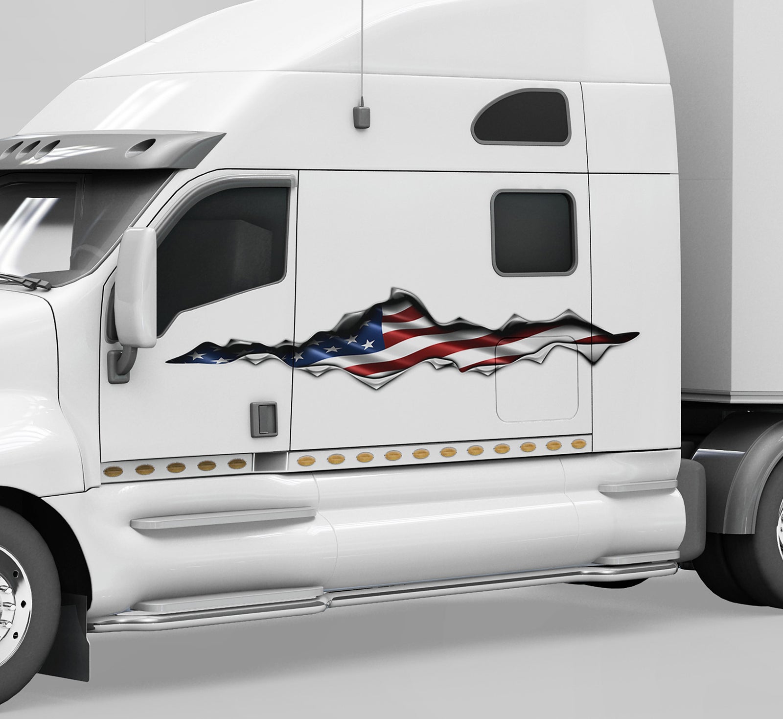 white truck with American flag rip large decal on the side