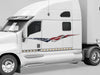 white semi truck with american flag viper spear vinyl graphic stripe on driver side