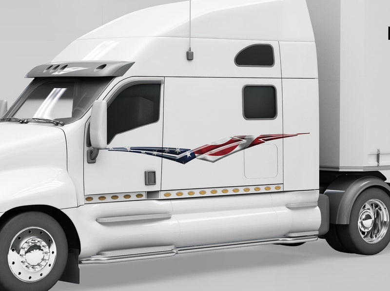 white semi truck with american flag viper spear vinyl graphic stripe on driver side