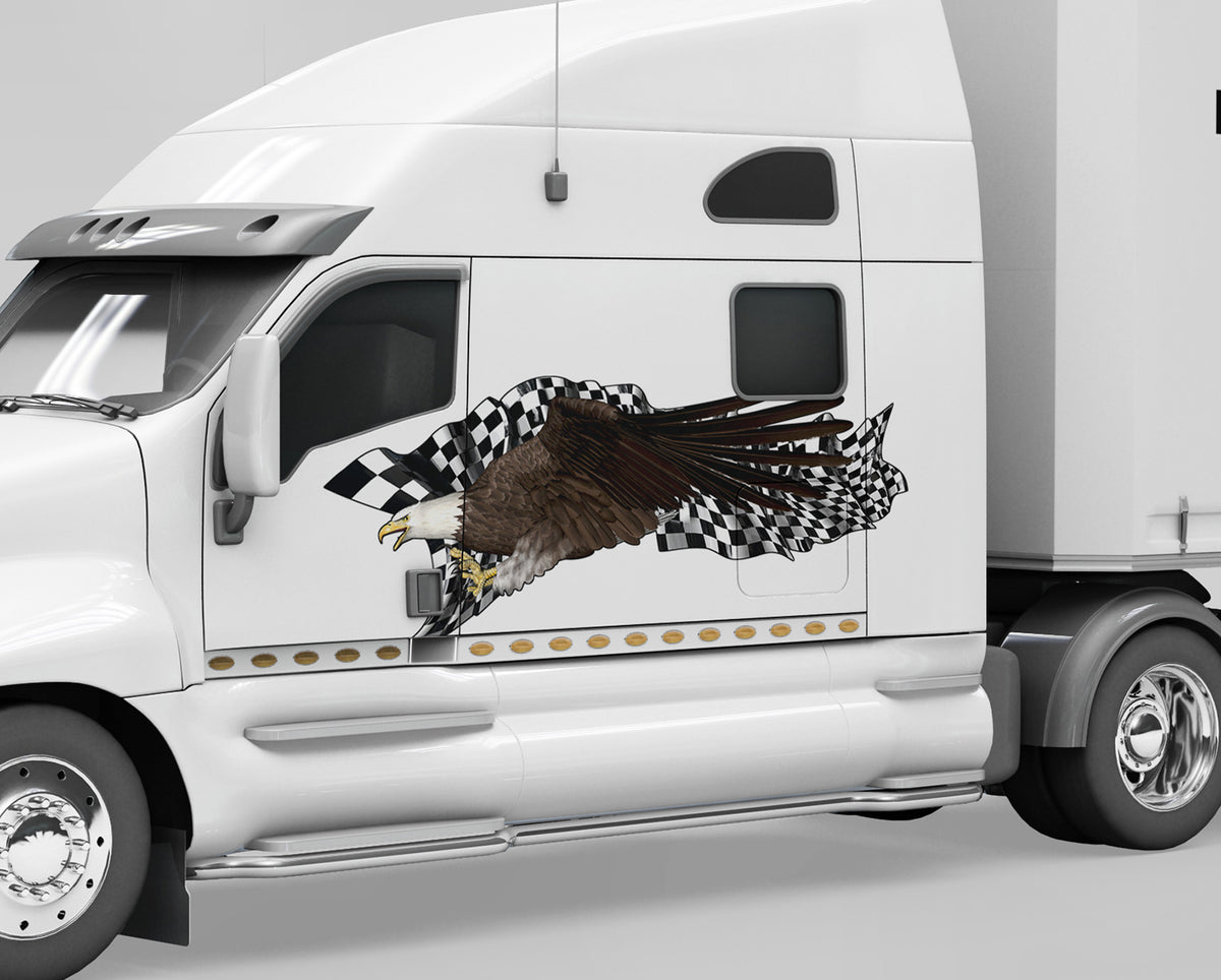 white semi truck with bald eagle checkered flag vinyl graphics on driver side