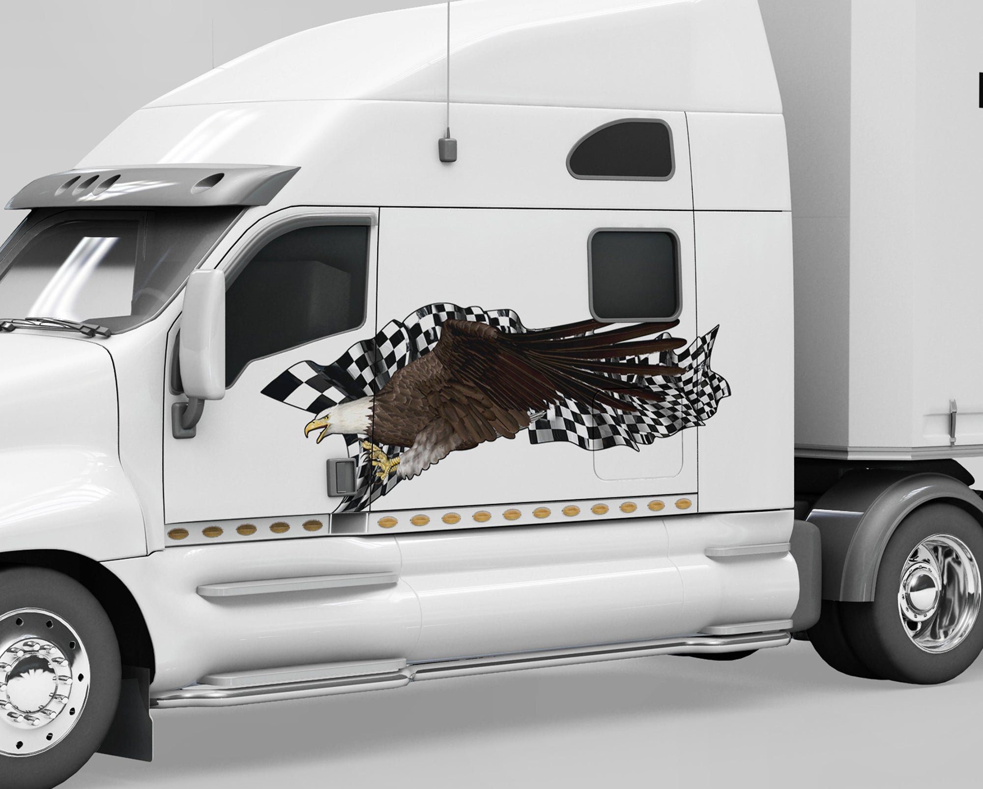 White car with an eagle and checkered pattern decal on driver side