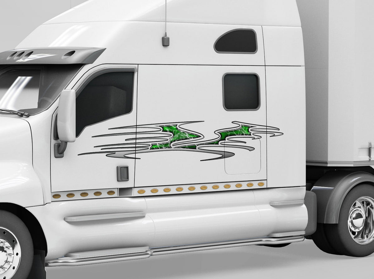 white semi truck with beast lightning green vinyl graphics on driver cab side