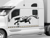 white semi truck with black puma flames vinyl cut decal on driver side