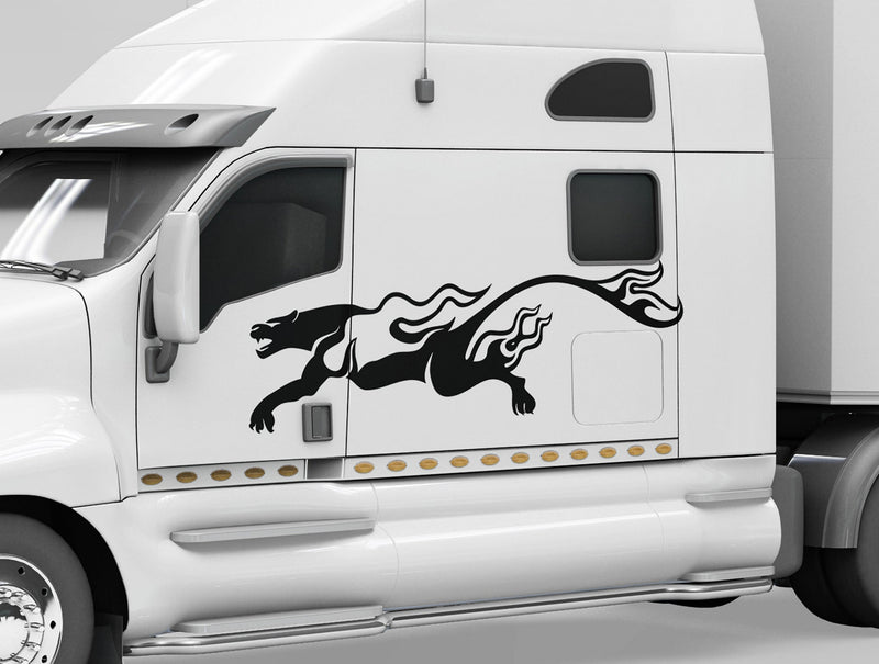 white semi truck with black puma flames vinyl cut decal on driver side