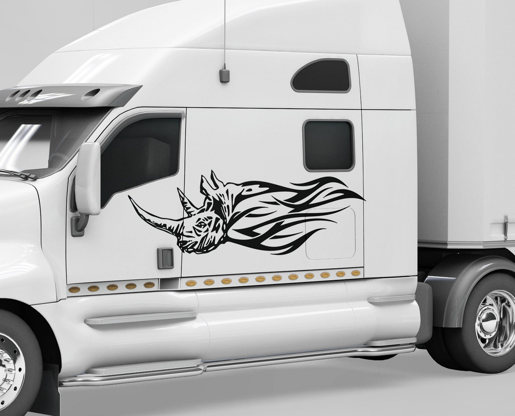 white semi truck with black rhino flames vinyl cut decals on cab driver side