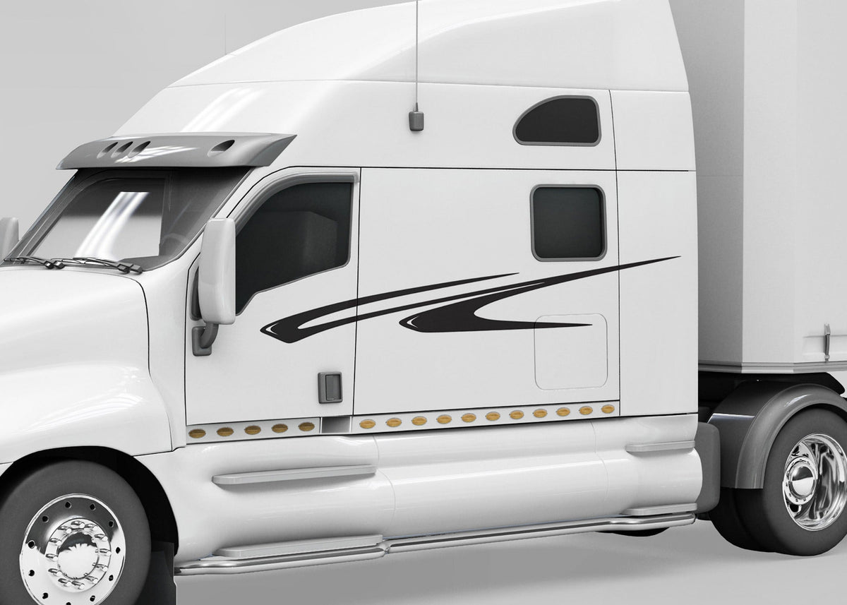 white semi truck with black slipstream graphic vinyl cut stripe on driver side