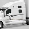 White semi truck with black vinyl stripe on its side