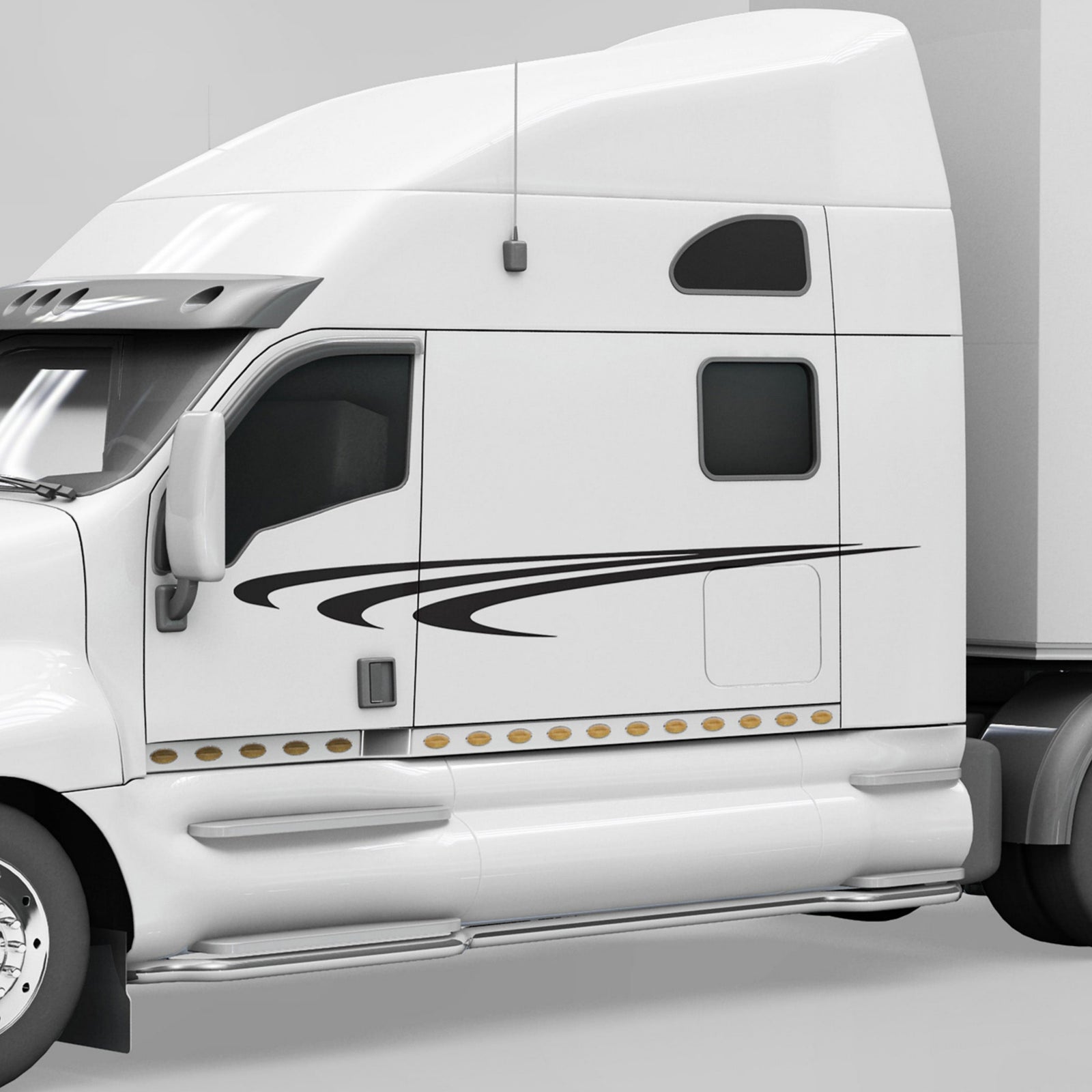 A truck with black vinyl decal stripes on its side.